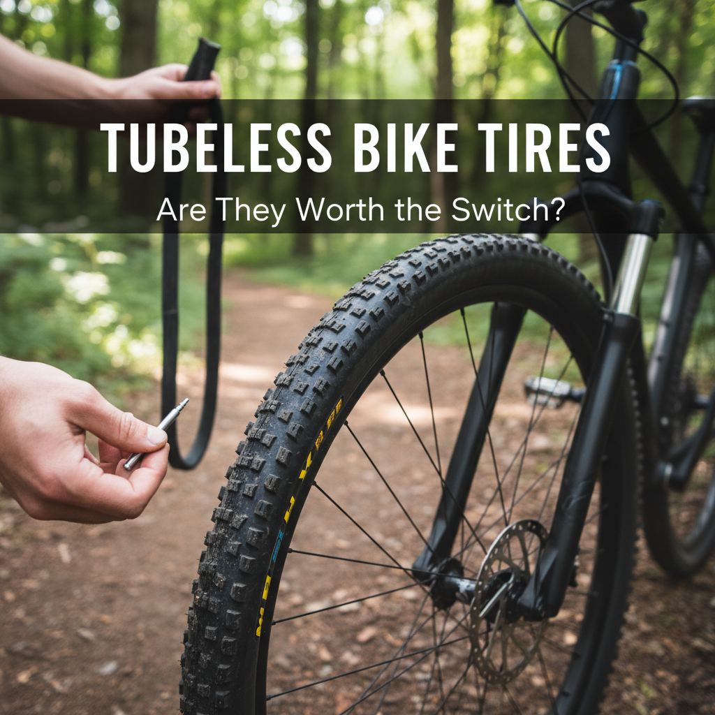 Professional blog header image for article titled: Tubeless Bike Tires - Are They Worth the Switch?. High quality, relevant imagery, clean composition.