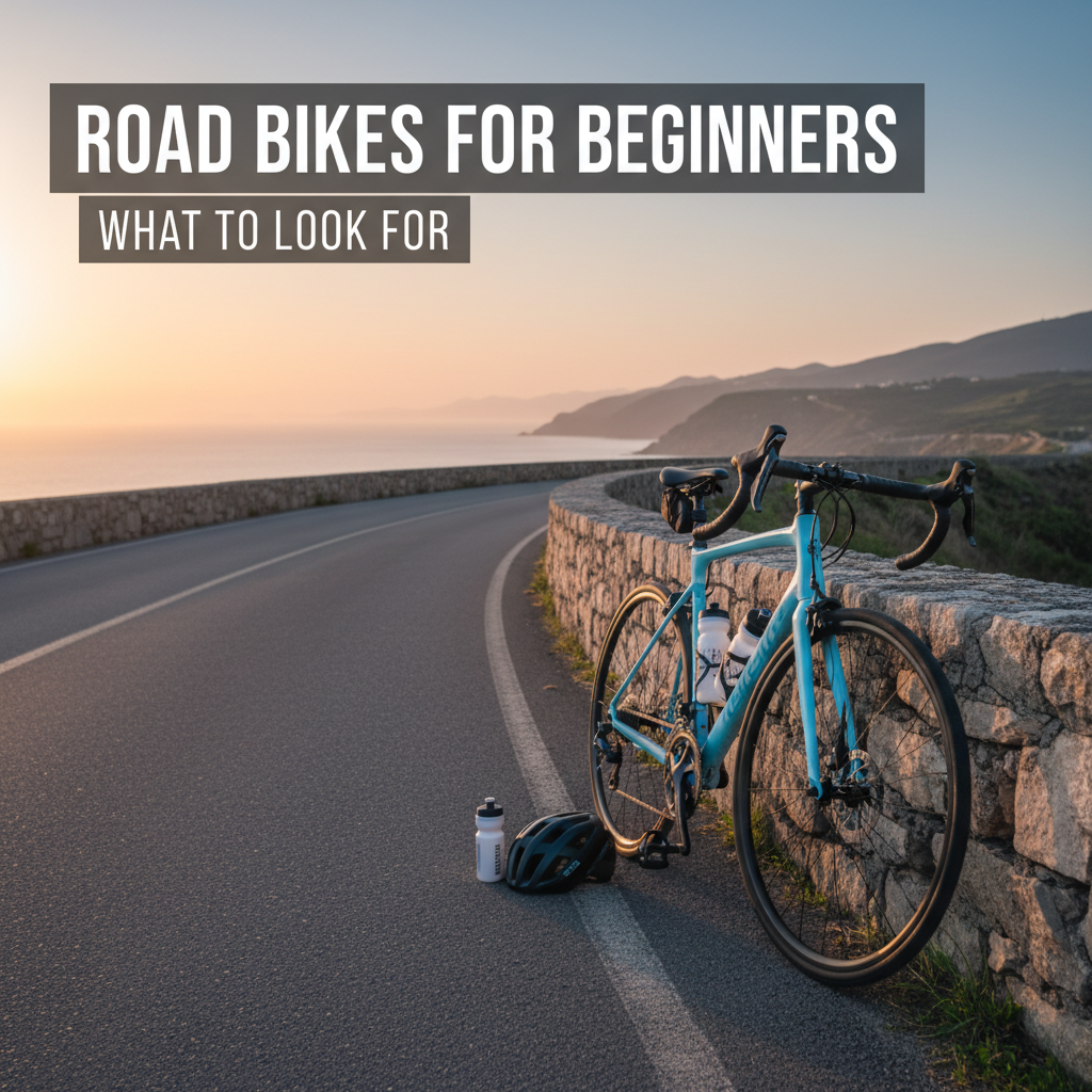 Professional blog header image for article titled: Road Bikes for Beginners - What to Look For. High quality, relevant imagery, clean composition.