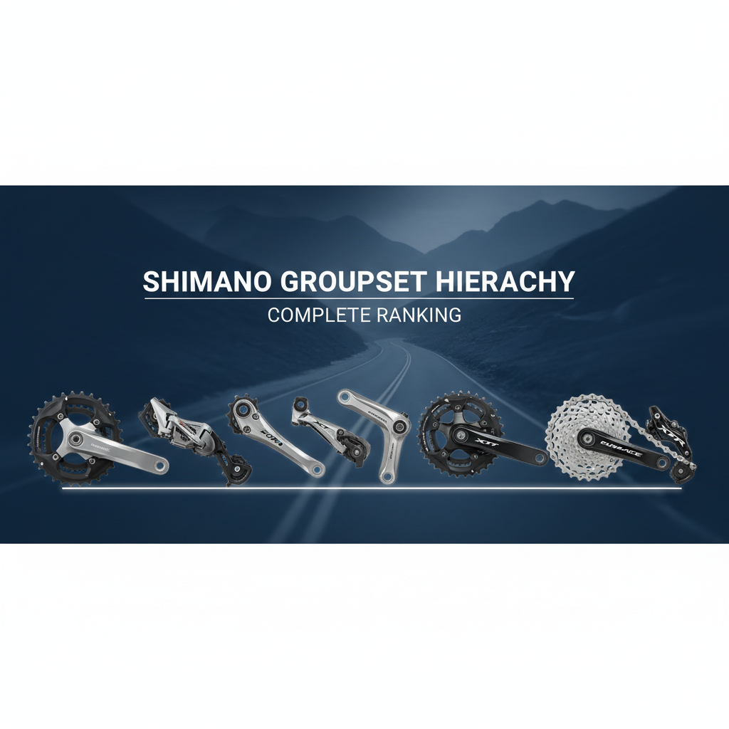 Professional blog header image for article titled: Shimano Groupset Hierarchy - Complete Ranking. High quality, relevant imagery, clean composition.