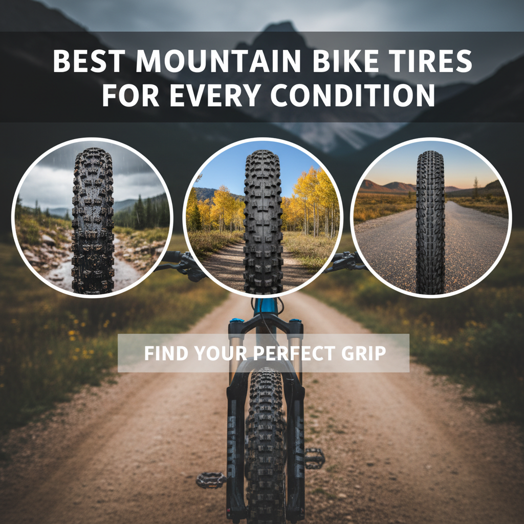 Professional blog header image for article titled: Best Mountain Bike Tires for Every Condition. High quality, relevant imagery, clean composition.