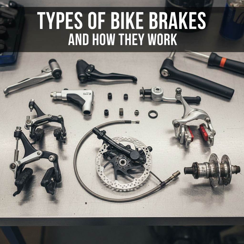 Professional blog header image for article titled: Types of Bike Brakes and How They Work. High quality, relevant imagery, clean composition.