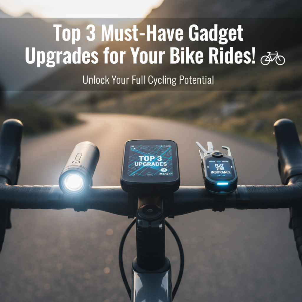 Professional blog header image for article titled: Top 3 Must-Have Gadget Upgrades for Your Bike Rides!. High quality, relevant imagery, clean composition.