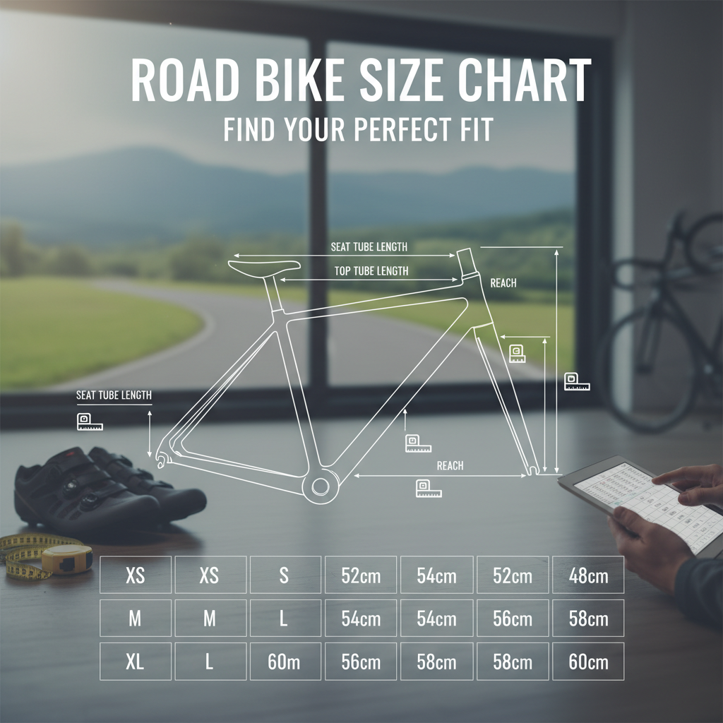 Professional blog header image for article titled: Road Bike Size Chart - Find Your Perfect Fit. High quality, relevant imagery, clean composition.