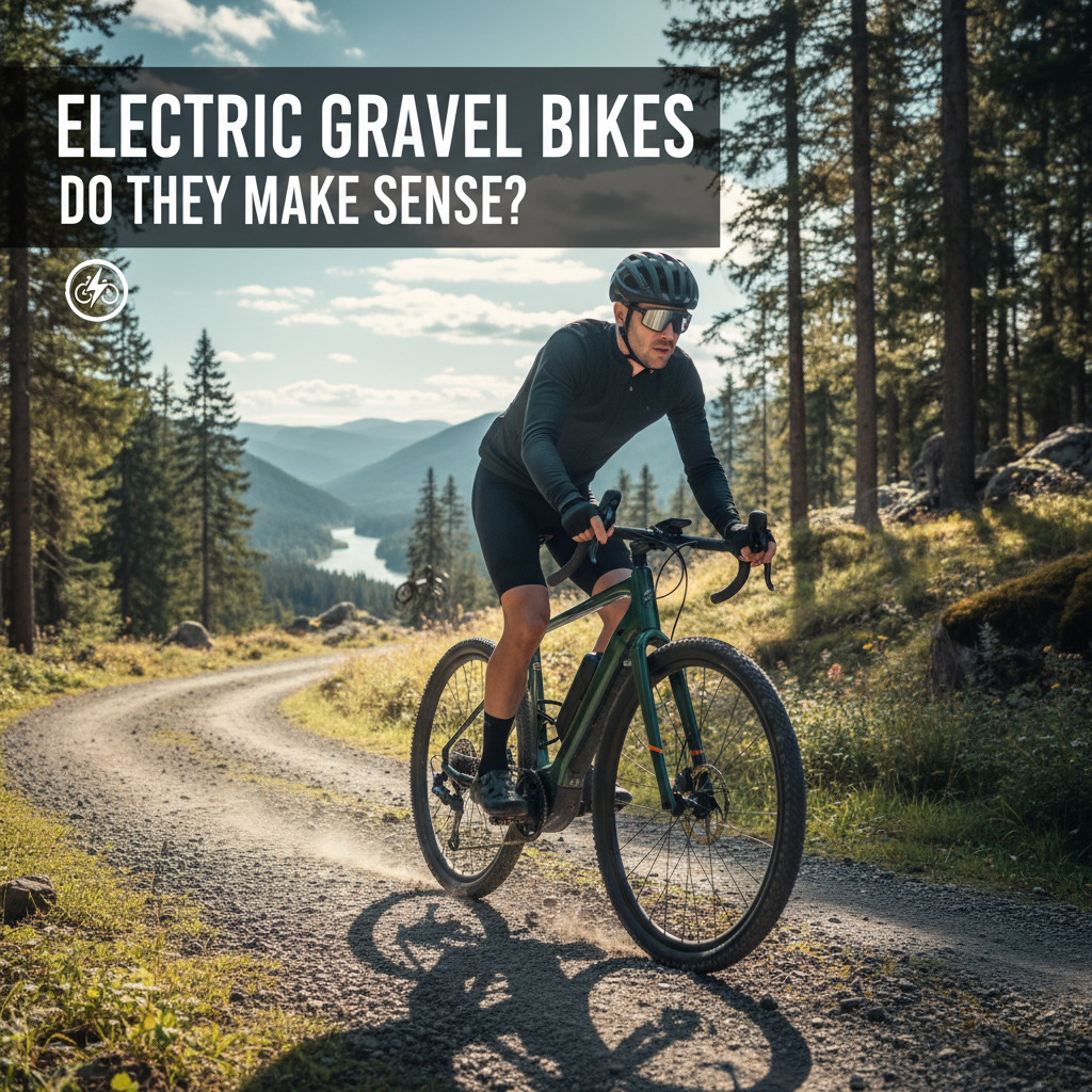 Professional blog header image for article titled: Electric Gravel Bikes - Do They Make Sense?. High quality, relevant imagery, clean composition.