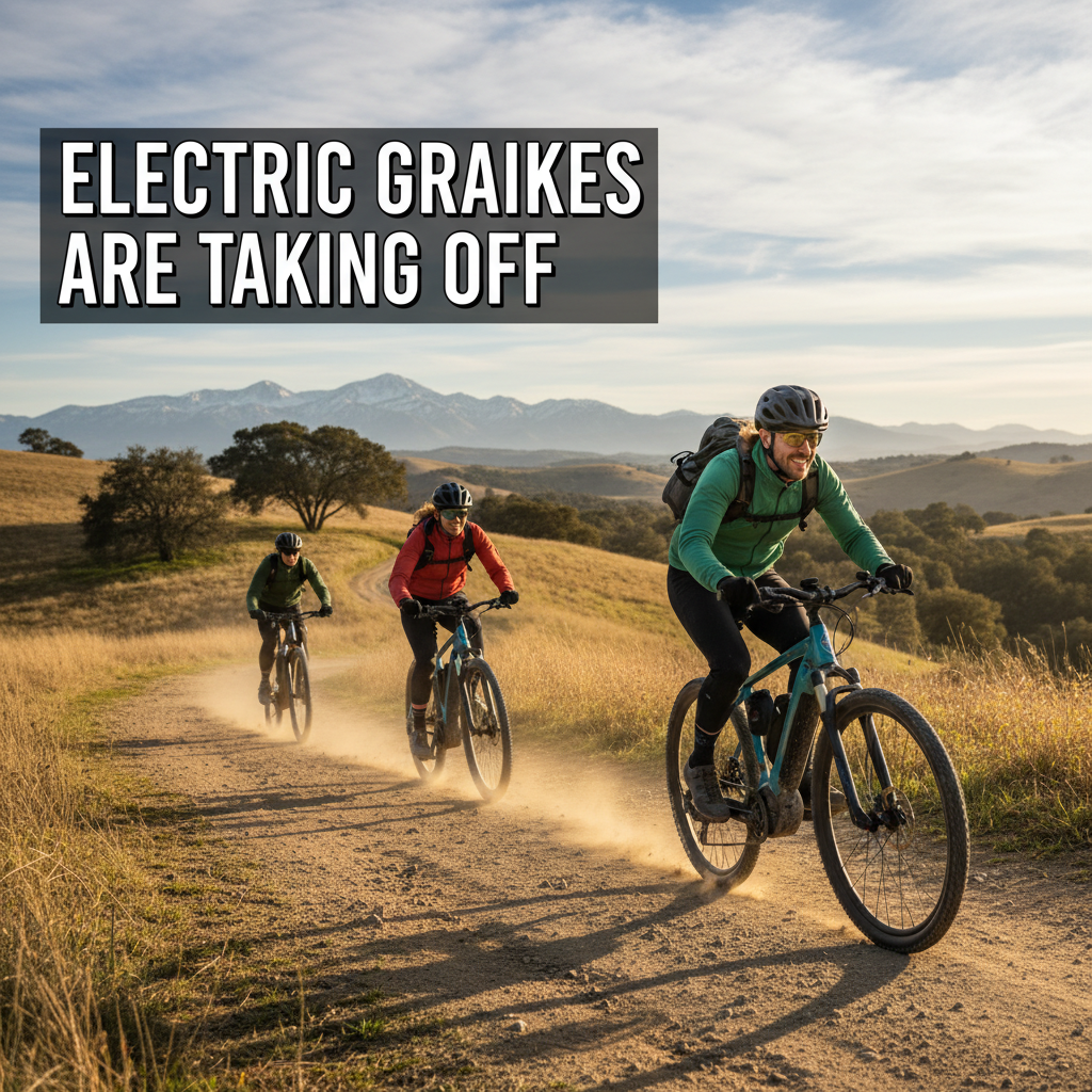 Professional blog header image for article titled: Electric Gravel Bikes Are Taking Off. High quality, relevant imagery, clean composition.