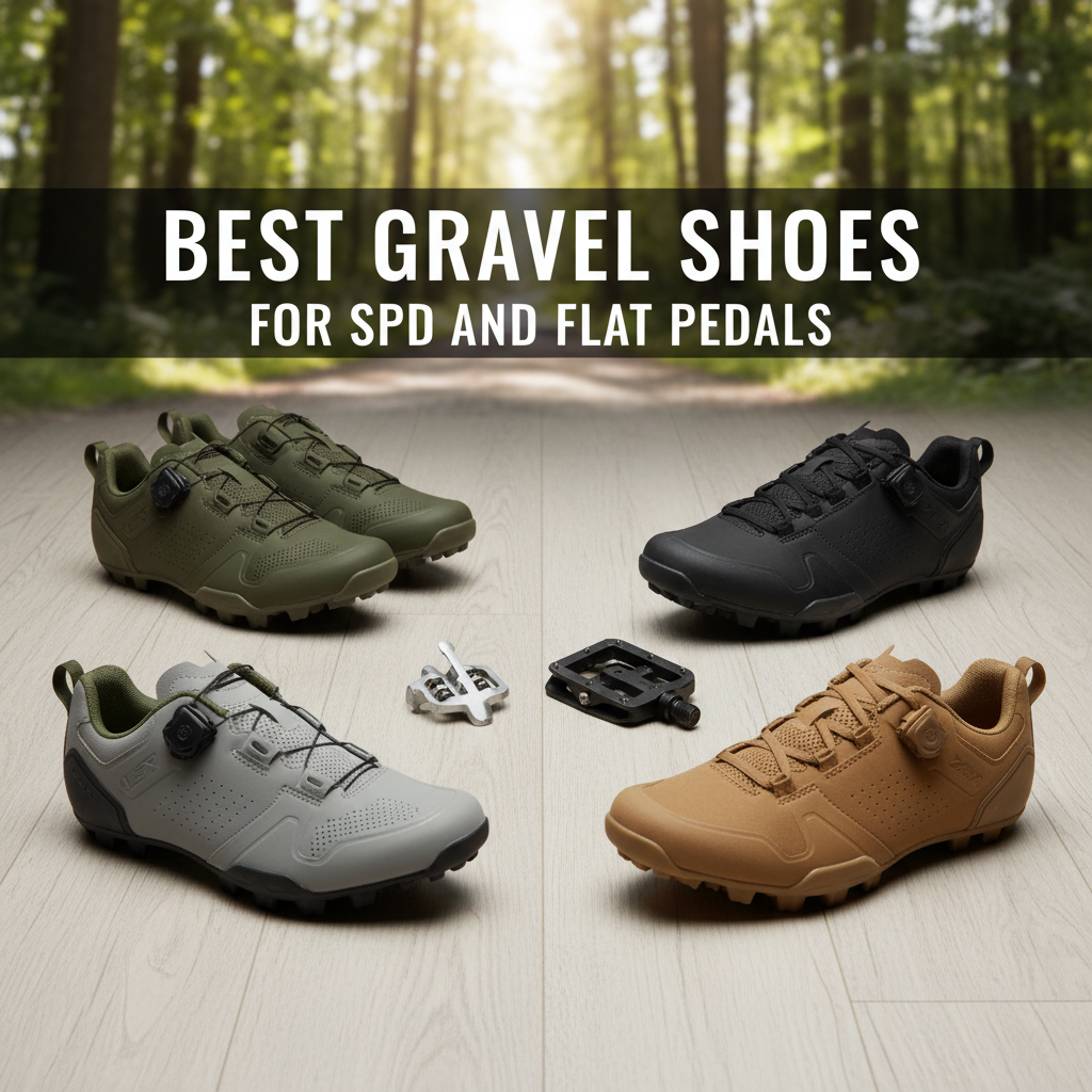 Professional blog header image for article titled: Best Gravel Shoes for SPD and Flat Pedals. High quality, relevant imagery, clean composition.