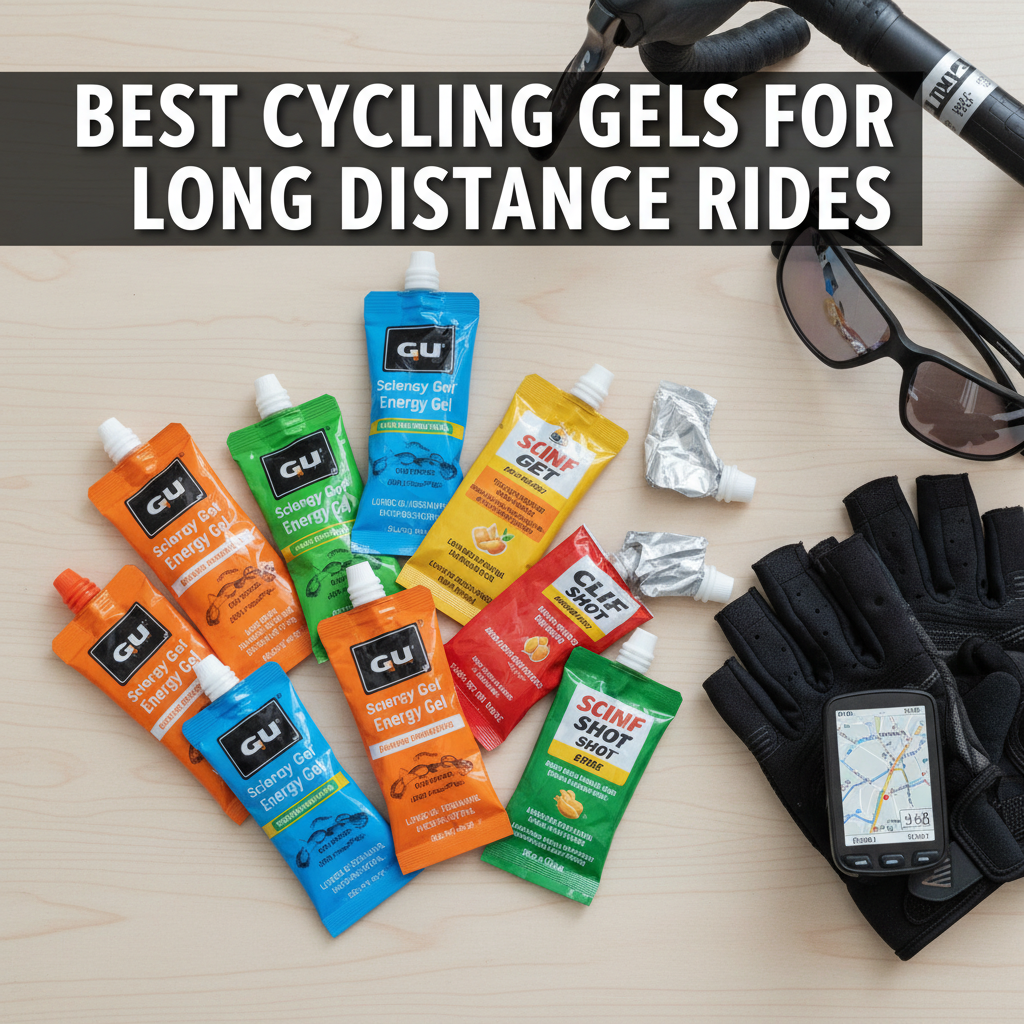 Professional blog header image for article titled: Best Cycling Gels for Long Distance Rides. High quality, relevant imagery, clean composition.