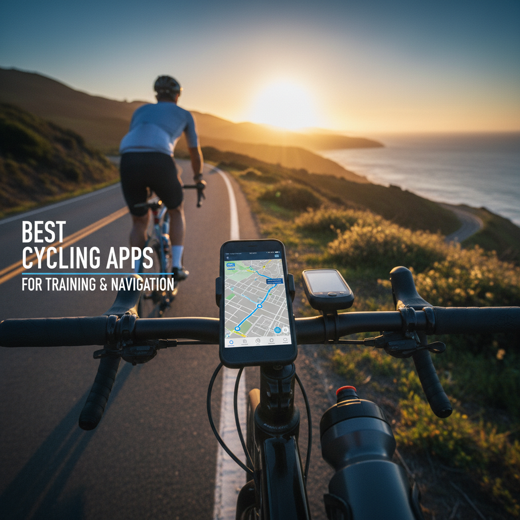 Professional blog header image for article titled: Best Cycling Apps for Training and Navigation. High quality, relevant imagery, clean composition.