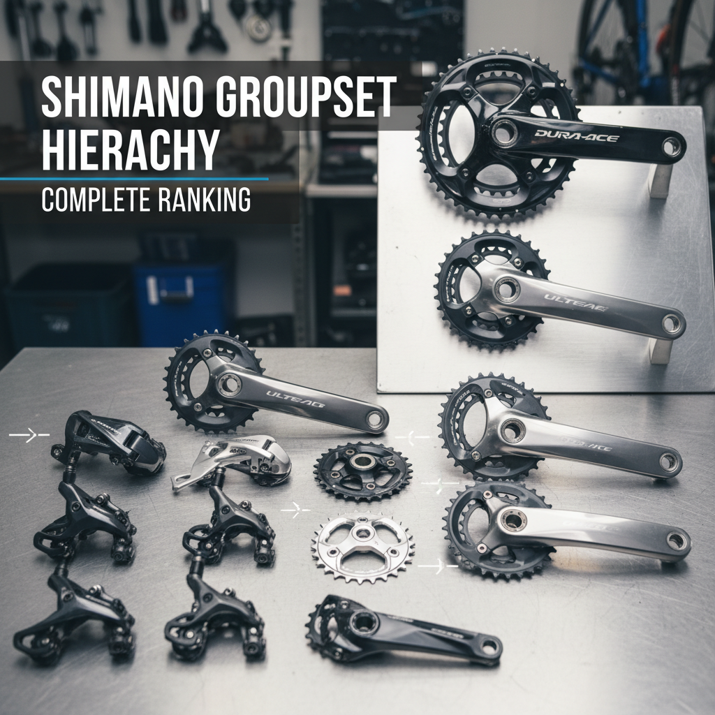 Professional blog header image for article titled: Shimano Groupset Hierarchy - Complete Ranking. High quality, relevant imagery, clean composition.