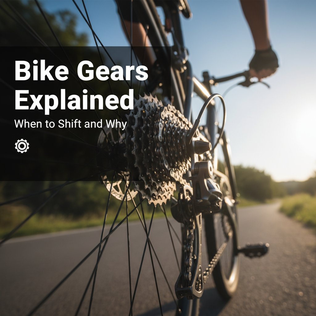 Professional blog header image for article titled: Bike Gears Explained - When to Shift and Why. High quality, relevant imagery, clean composition.