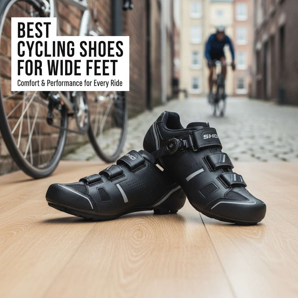 Professional blog header image for article titled: Best Cycling Shoes for Wide Feet. High quality, relevant imagery, clean composition.
