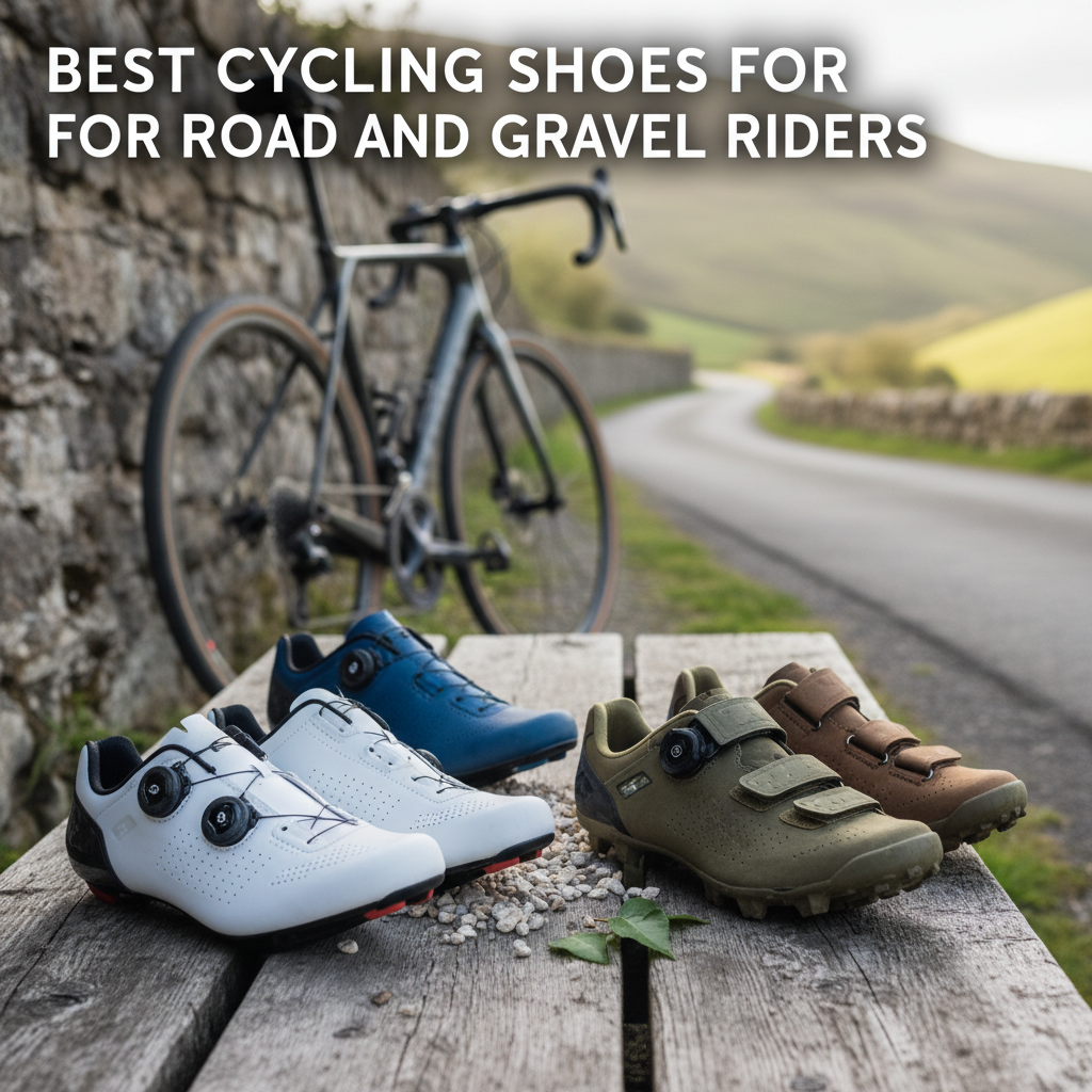 Professional blog header image for article titled: Best Cycling Shoes for Road and Gravel Riders. High quality, relevant imagery, clean composition.