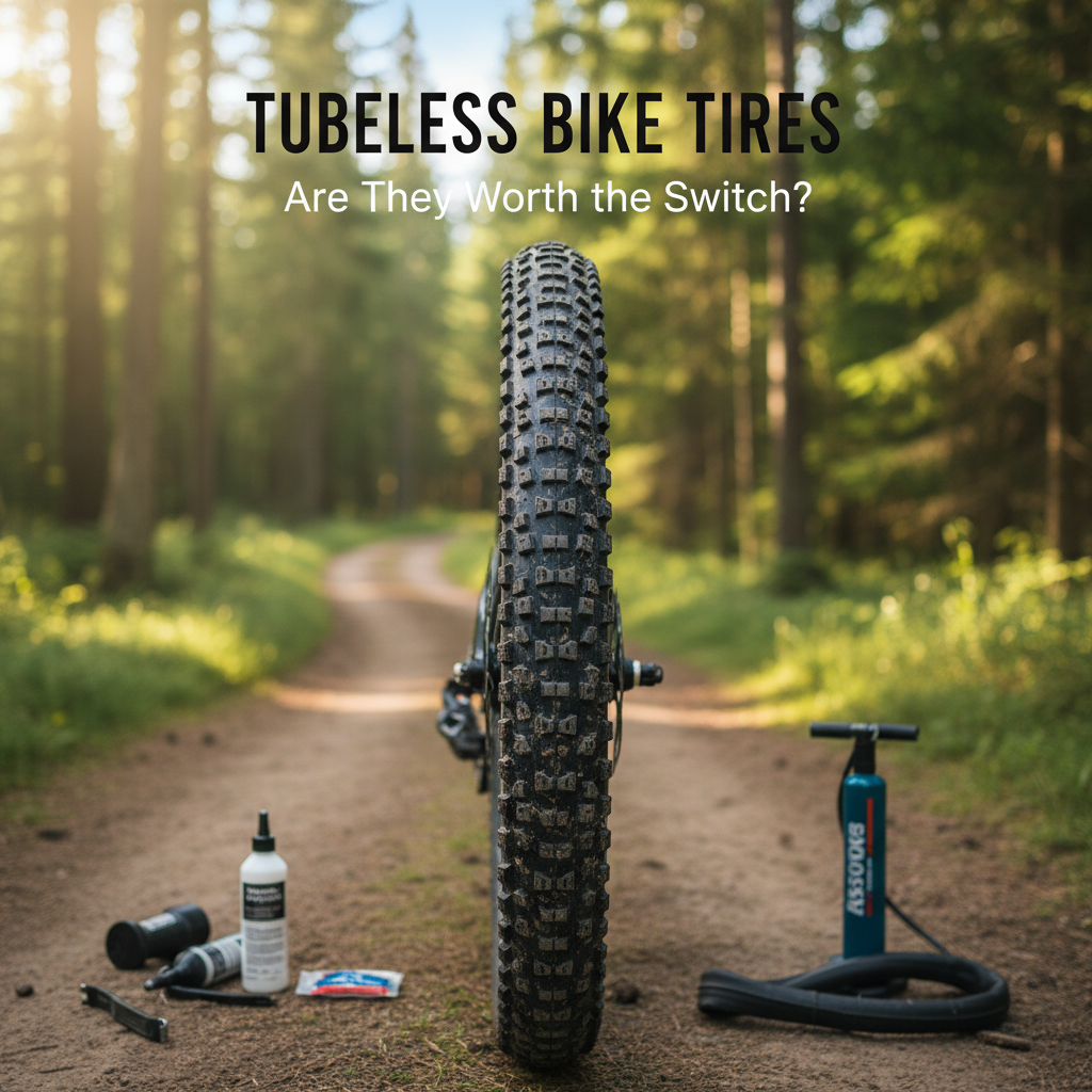 Professional blog header image for article titled: Tubeless Bike Tires - Are They Worth the Switch?. High quality, relevant imagery, clean composition.