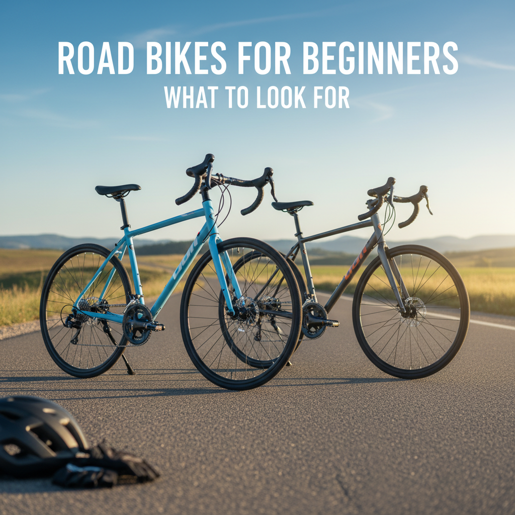 Professional blog header image for article titled: Road Bikes for Beginners - What to Look For. High quality, relevant imagery, clean composition.