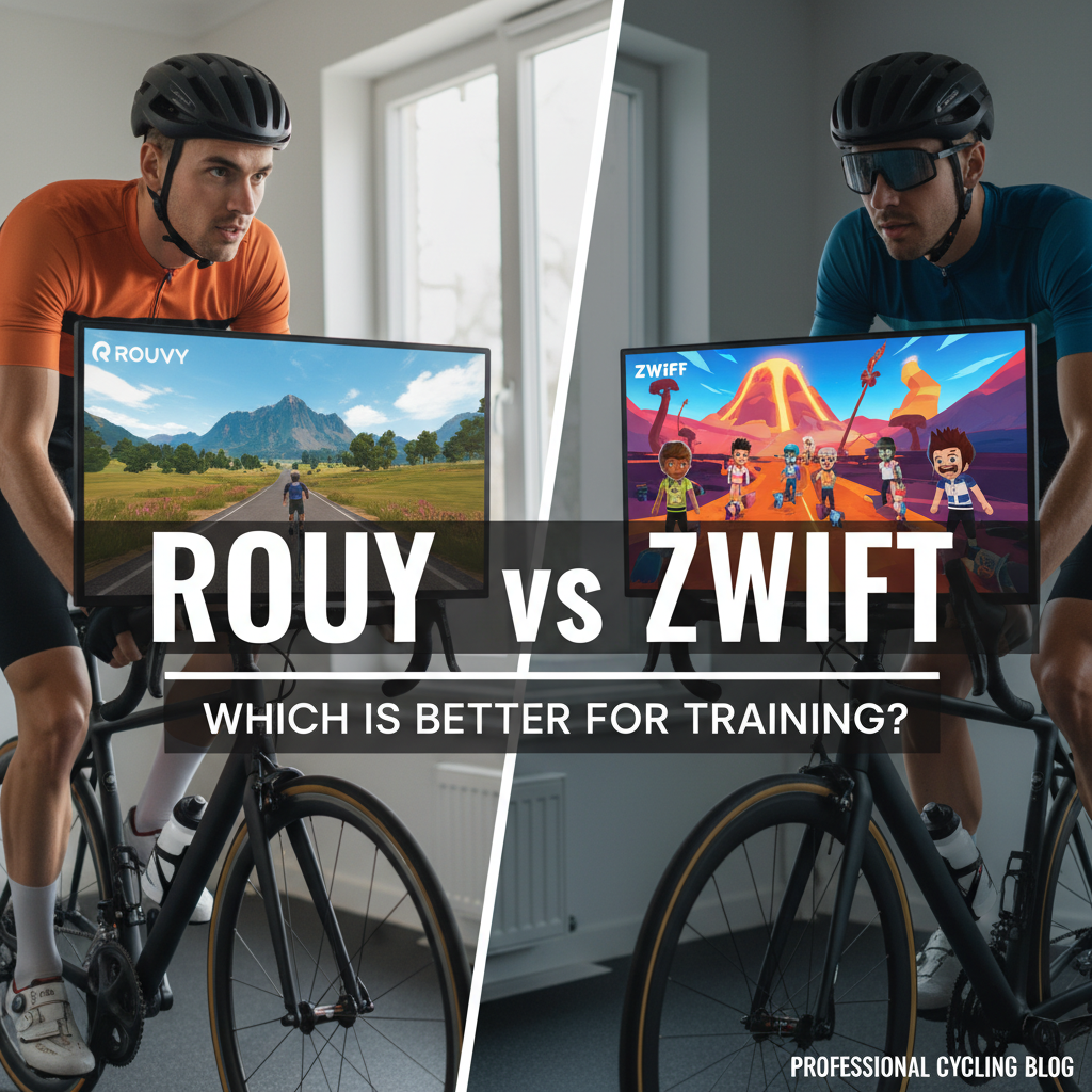 Professional blog header image for article titled: Rouvy vs Zwift - Which Is Better for Training?. High quality, relevant imagery, clean composition.