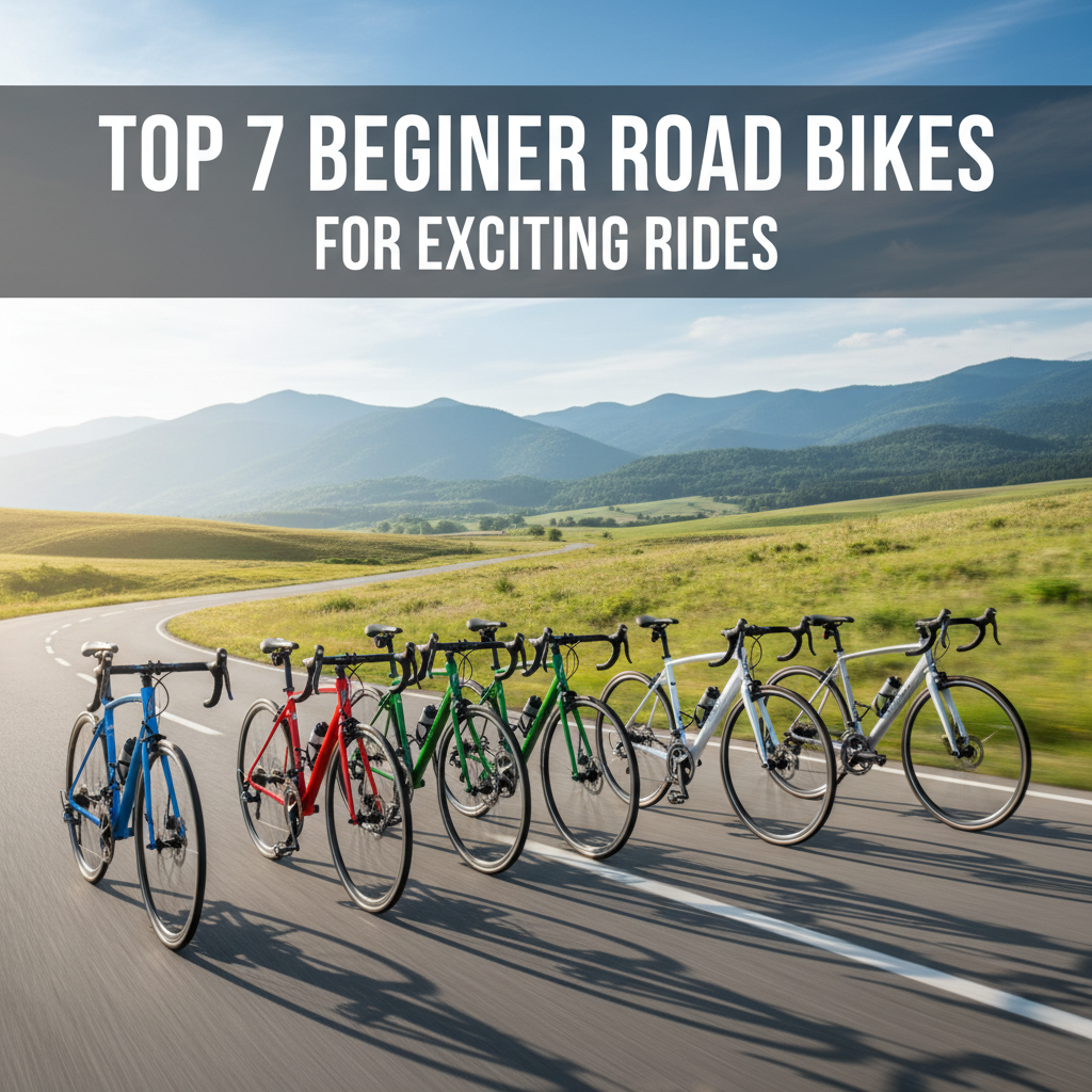 Professional blog header image for article titled: Top 7 Beginner Road Bikes for Exciting Rides. High quality, relevant imagery, clean composition.