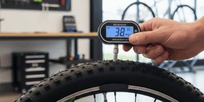 Digital tire pressure gauge checking bicycle tire