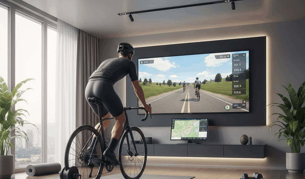 Modern indoor cycling setup with smart trainer and screen for virtual cycling apps
