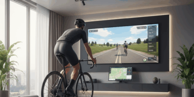 Modern indoor cycling setup with smart trainer and screen for virtual cycling apps